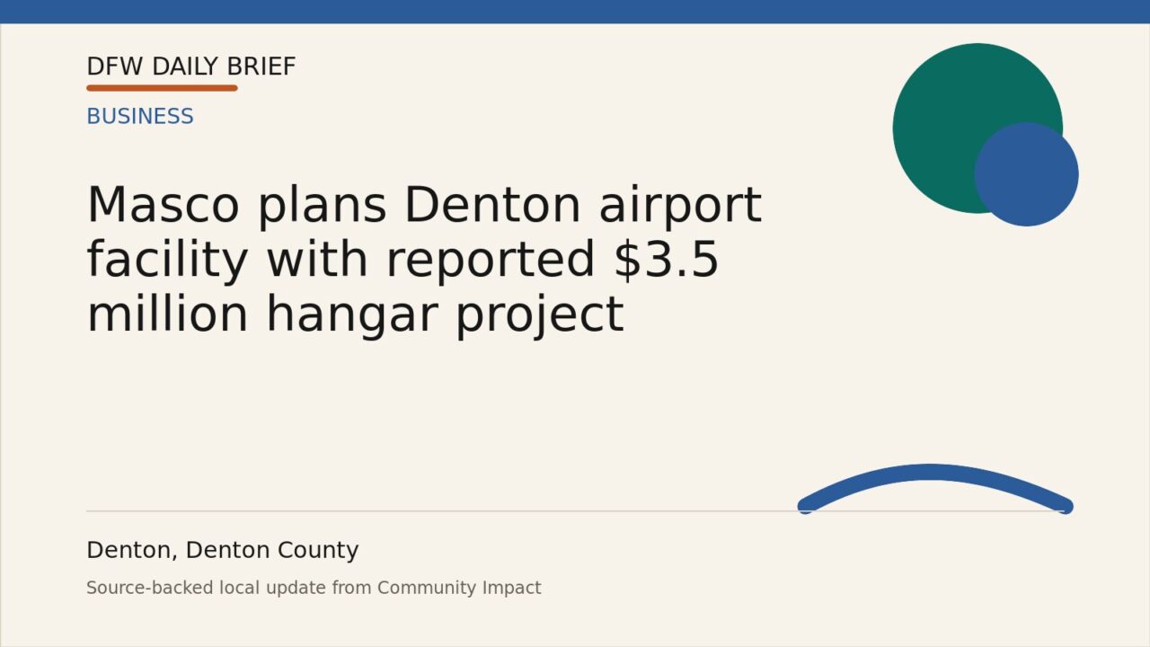 DFW Daily Brief card for Masco plans Denton airport facility with reported $3.5 million hangar project