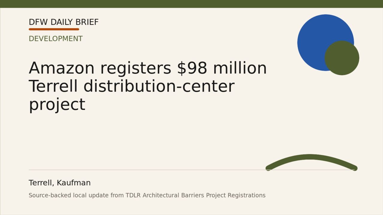 DFW Daily Brief card for Amazon registers $98 million Terrell distribution-center project