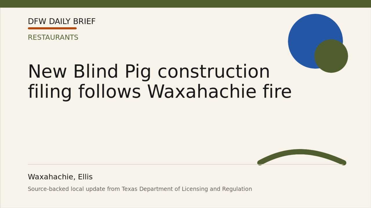 DFW Daily Brief card for New Blind Pig construction filing follows Waxahachie fire