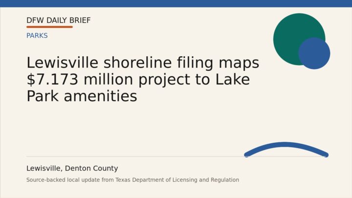 DFW Daily Brief card for Lewisville shoreline filing maps $7.173 million project to Lake Park amenities