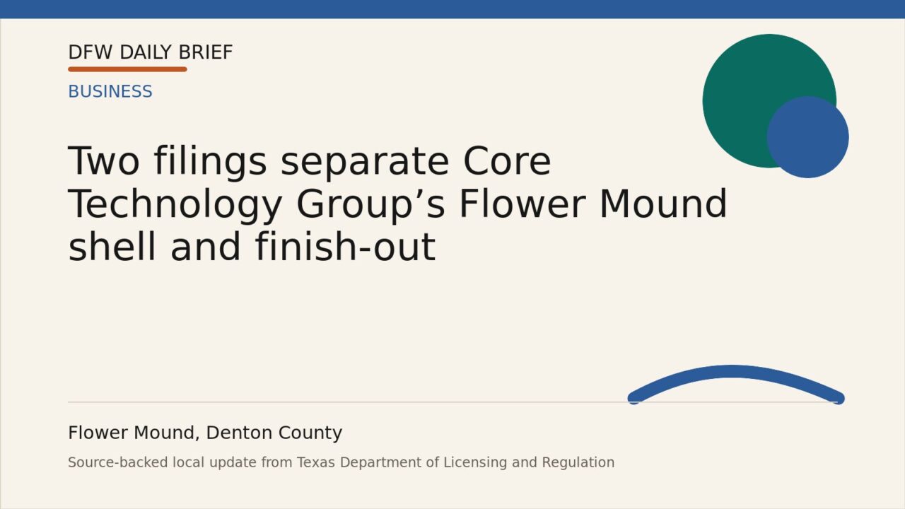 DFW Daily Brief card for Two filings separate Core Technology Group’s Flower Mound shell and finish-out
