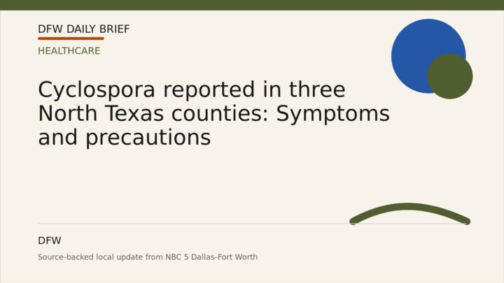 DFW Daily Brief card for Cyclospora reported in three North Texas counties: Symptoms and precautions