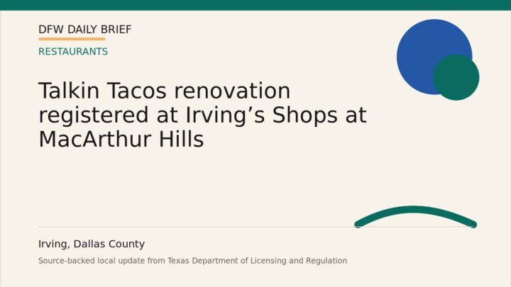DFW Daily Brief card for Talkin Tacos renovation registered at Irving’s Shops at MacArthur Hills