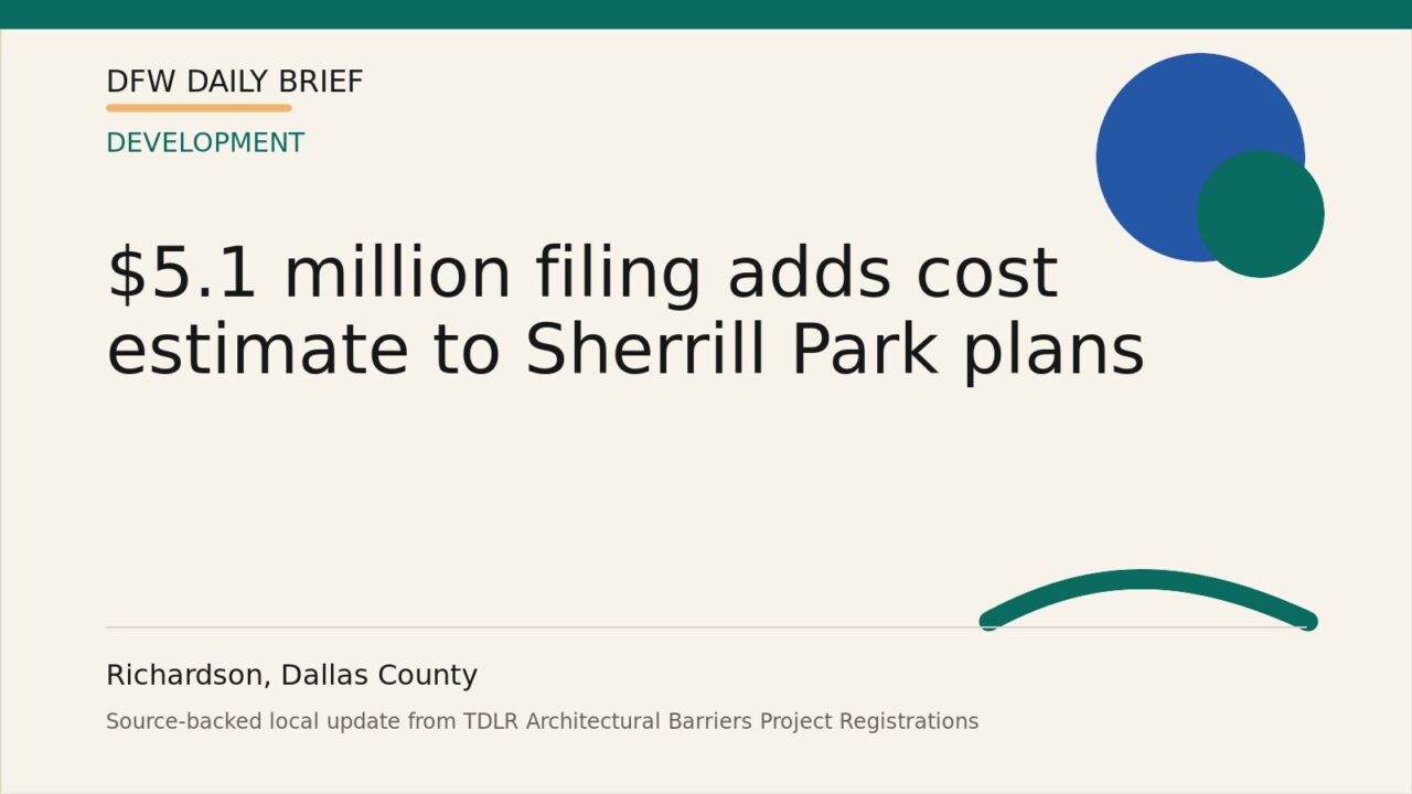 DFW Daily Brief card for $5.1 million filing adds cost estimate to Sherrill Park plans