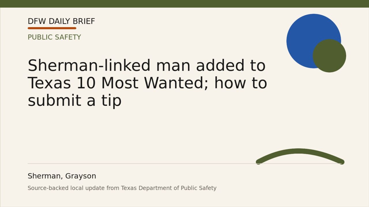 DFW Daily Brief card for Sherman-linked man added to Texas 10 Most Wanted; how to submit a tip