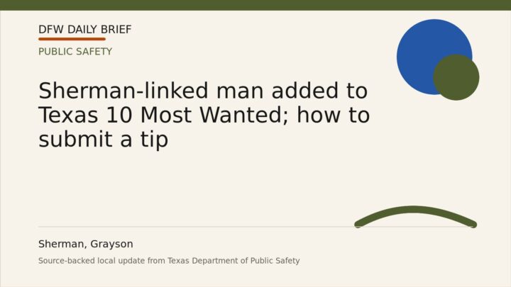 DFW Daily Brief card for Sherman-linked man added to Texas 10 Most Wanted; how to submit a tip
