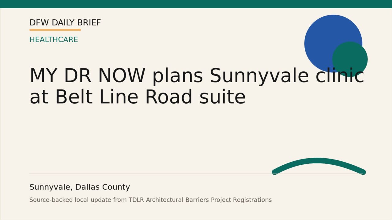 DFW Daily Brief card for MY DR NOW plans Sunnyvale clinic at Belt Line Road suite