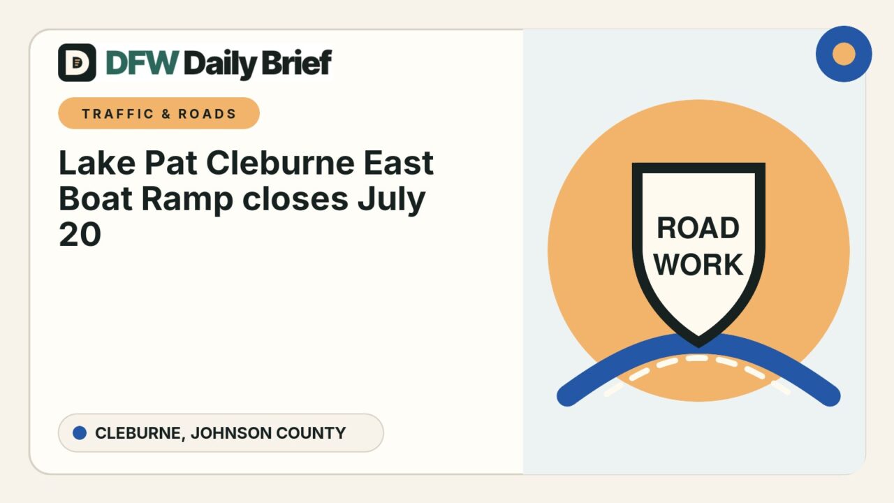 DFW Daily Brief card for Lake Pat Cleburne East Boat Ramp closes July 20; West Ramp stays open