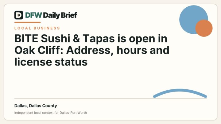 DFW Daily Brief card for BITE Sushi & Tapas is open in Oak Cliff: Address, hours and license status