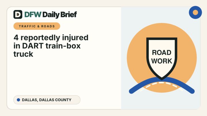 DFW Daily Brief card for 4 reportedly injured in DART train-box truck collision near Pearl/Arts District