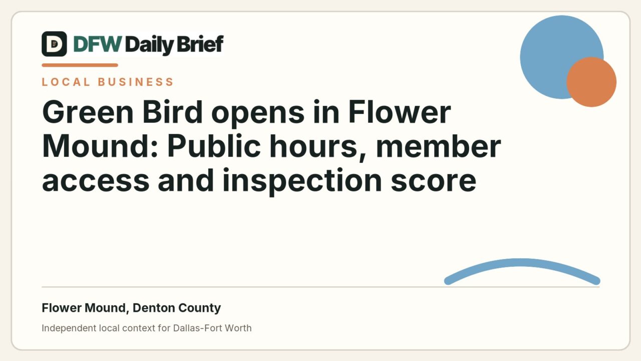 DFW Daily Brief card for Green Bird opens in Flower Mound: Public hours, member access and inspection score