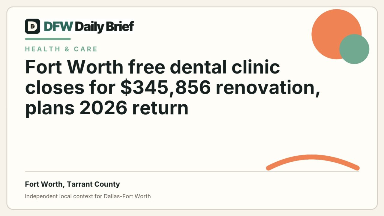 DFW Daily Brief card for Fort Worth free dental clinic closes for $345,856 renovation, plans 2026 return
