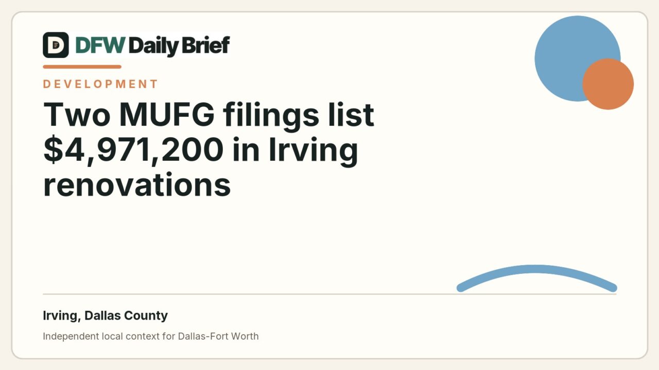 DFW Daily Brief card for Two MUFG filings list $4,971,200 in Irving renovations