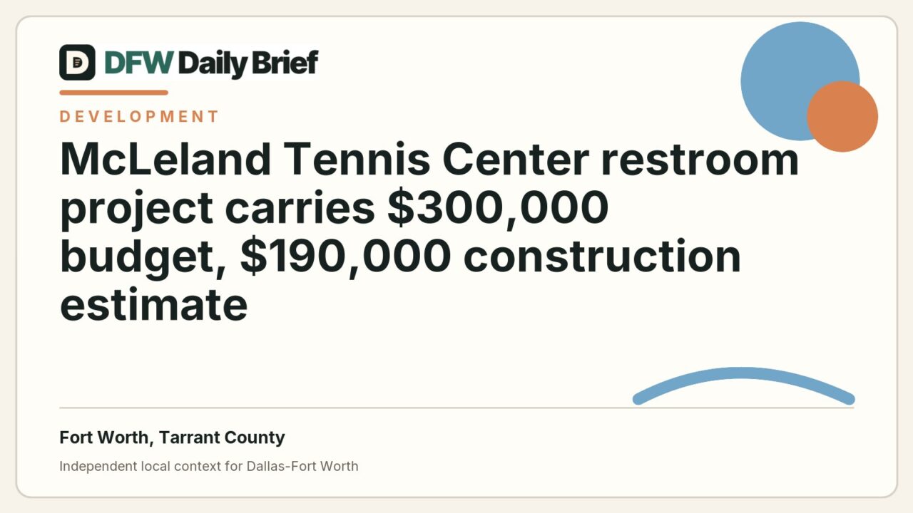 DFW Daily Brief card for McLeland Tennis Center restroom project carries $300,000 budget, $190,000 construction estimate