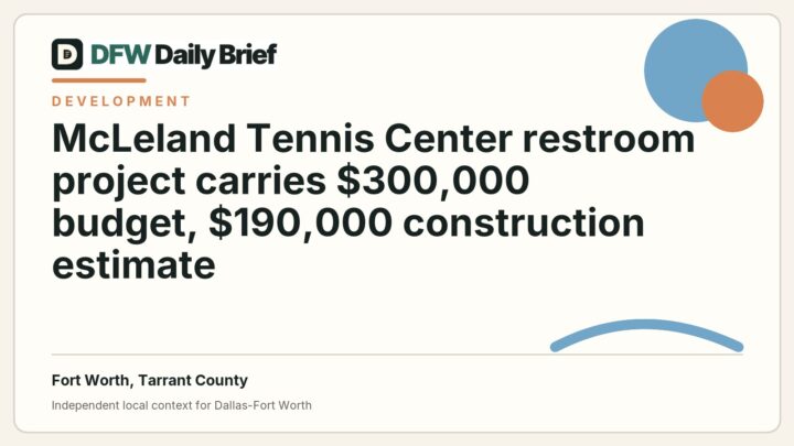 DFW Daily Brief card for McLeland Tennis Center restroom project carries $300,000 budget, $190,000 construction estimate