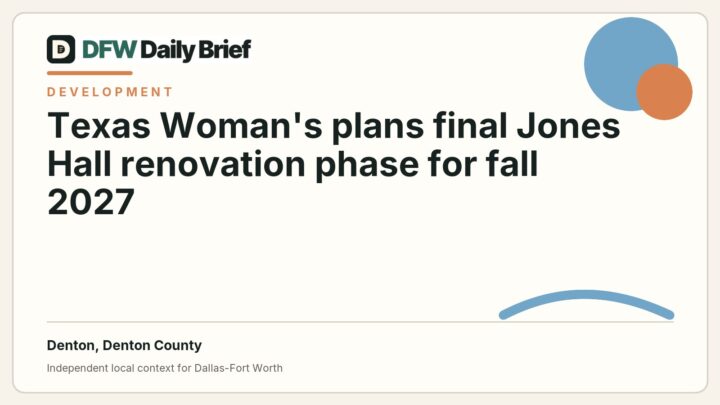 DFW Daily Brief card for Texas Woman's plans final Jones Hall renovation phase for fall 2027