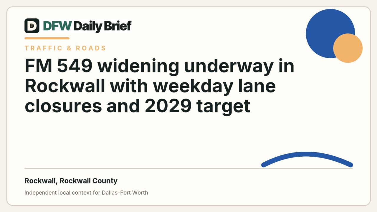 DFW Daily Brief card for FM 549 widening underway in Rockwall with weekday lane closures and 2029 target