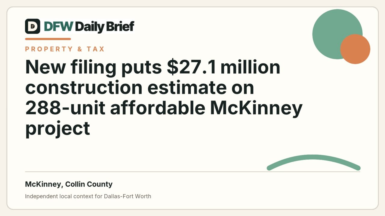 DFW Daily Brief card for New filing puts $27.1 million construction estimate on 288-unit affordable McKinney project