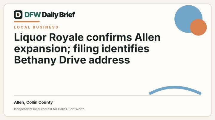 DFW Daily Brief card for Liquor Royale confirms Allen expansion; filing identifies Bethany Drive address