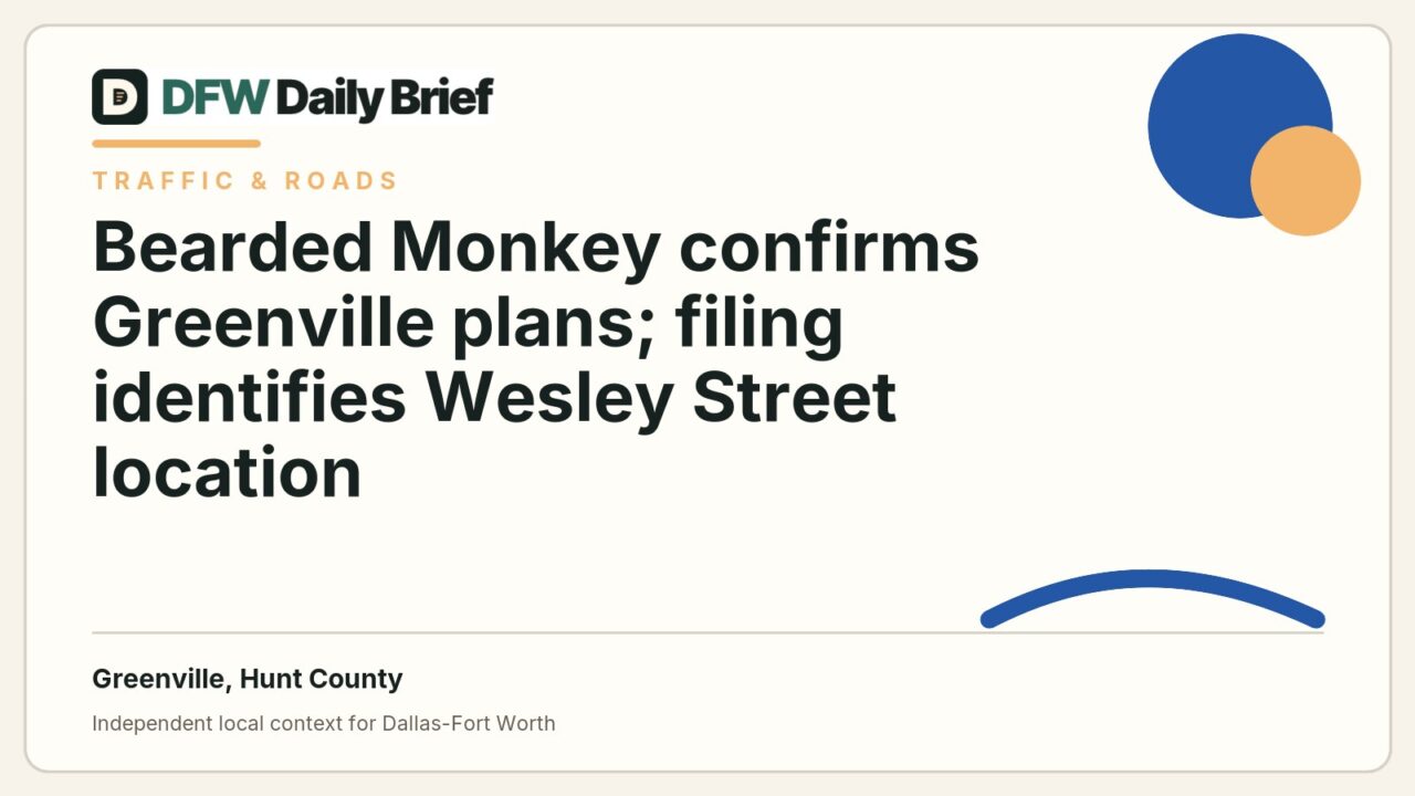 DFW Daily Brief card for Bearded Monkey confirms Greenville plans; filing identifies Wesley Street location