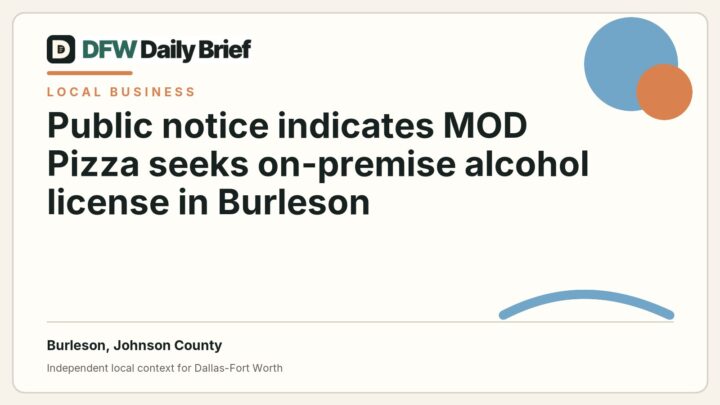 DFW Daily Brief card for Public notice indicates MOD Pizza seeks on-premise alcohol license in Burleson