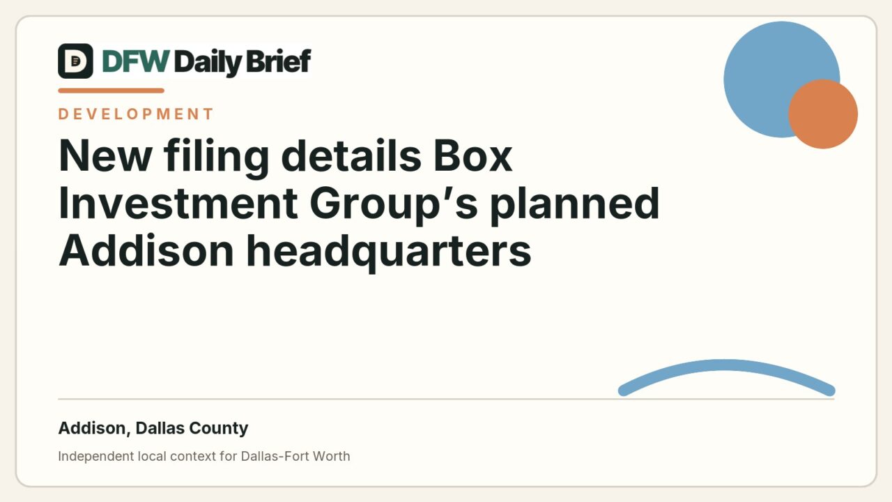 DFW Daily Brief card for New filing details Box Investment Group’s planned Addison headquarters