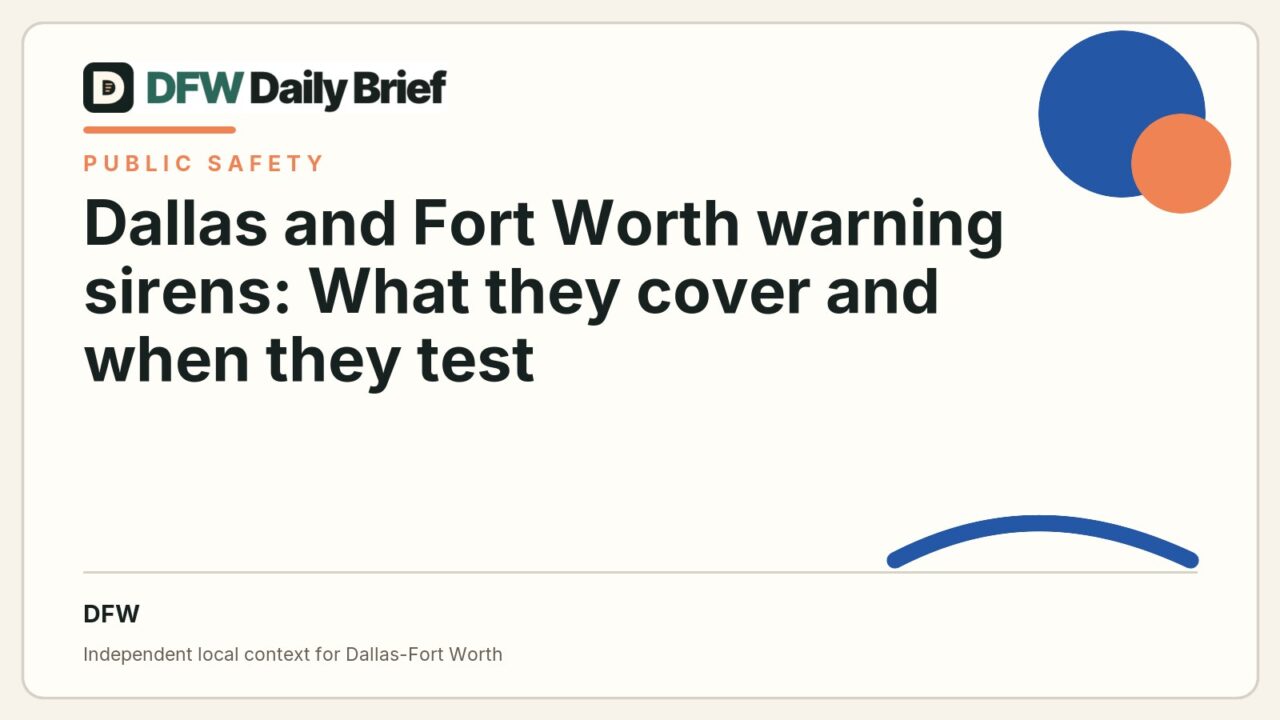 DFW Daily Brief card for Dallas and Fort Worth warning sirens: What they cover and when they test