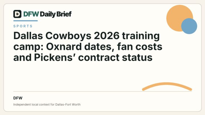 DFW Daily Brief card for Dallas Cowboys 2026 training camp: Oxnard dates, fan costs and Pickens’ contract status