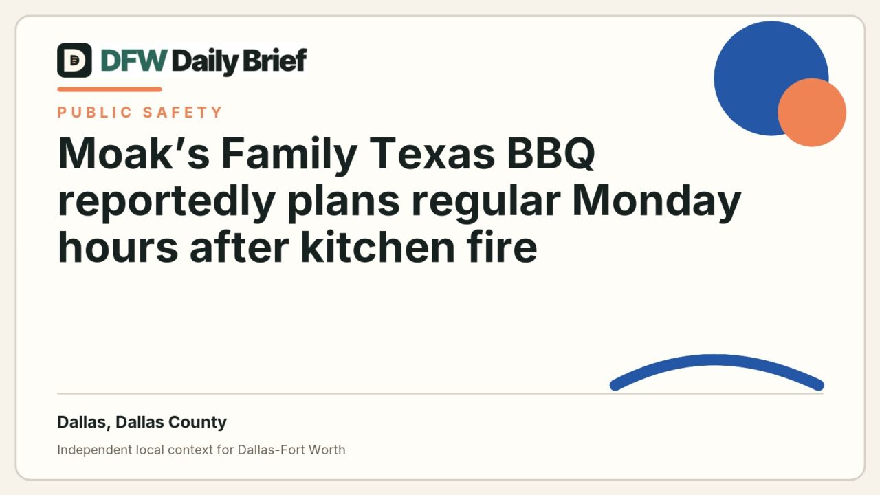 DFW Daily Brief card for Moak’s Family Texas BBQ reportedly plans regular Monday hours after kitchen fire