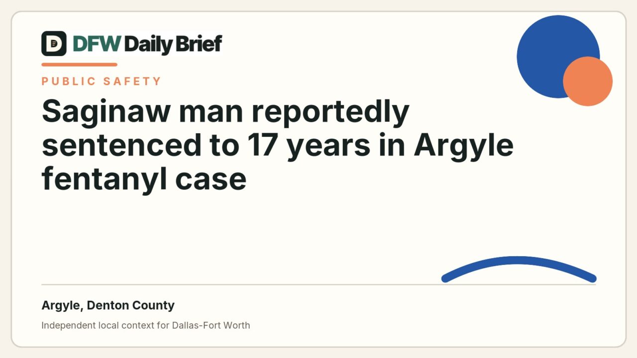DFW Daily Brief card for Saginaw man reportedly sentenced to 17 years in Argyle fentanyl case