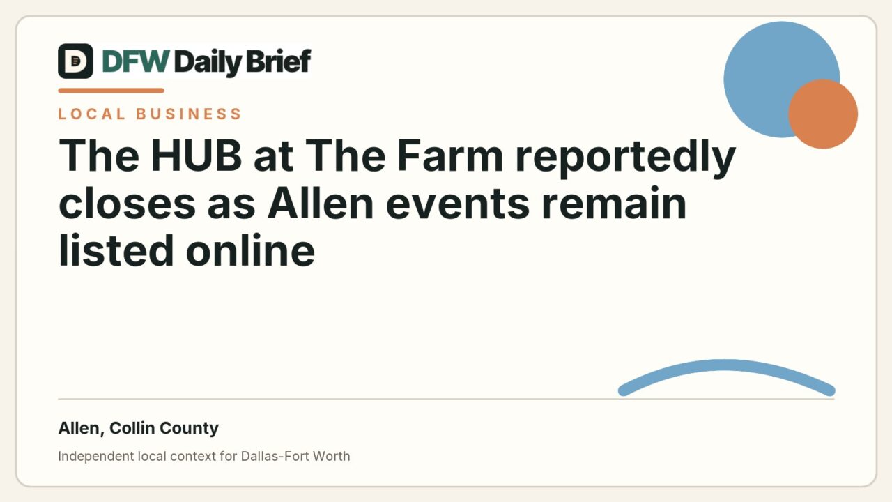 DFW Daily Brief card for The HUB at The Farm reportedly closes as Allen events remain listed online