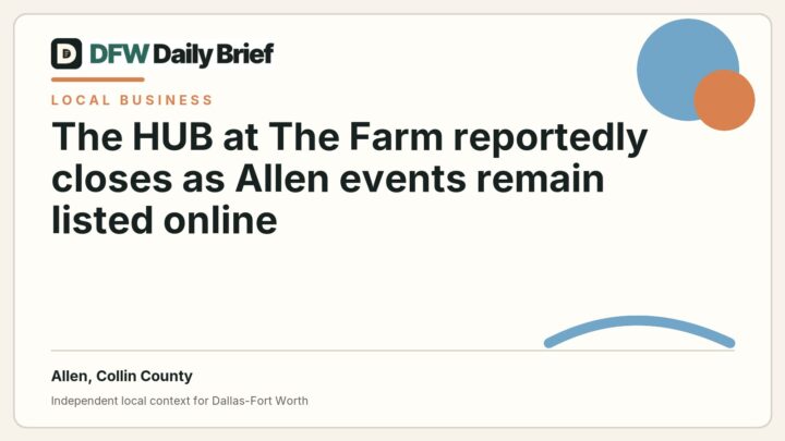 DFW Daily Brief card for The HUB at The Farm reportedly closes as Allen events remain listed online