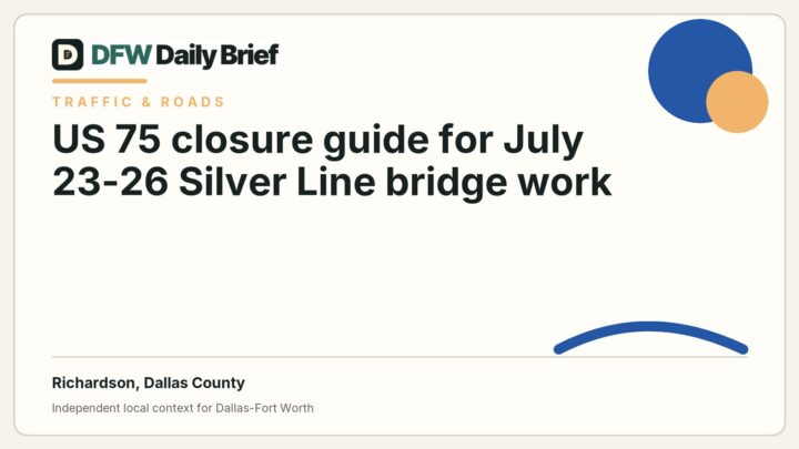 DFW Daily Brief card for US 75 closure guide for July 23-26 Silver Line bridge work