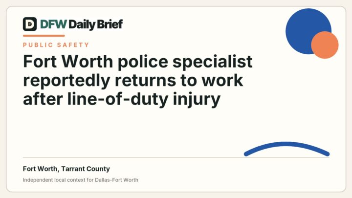 DFW Daily Brief card for Fort Worth police specialist reportedly returns to work after line-of-duty injury