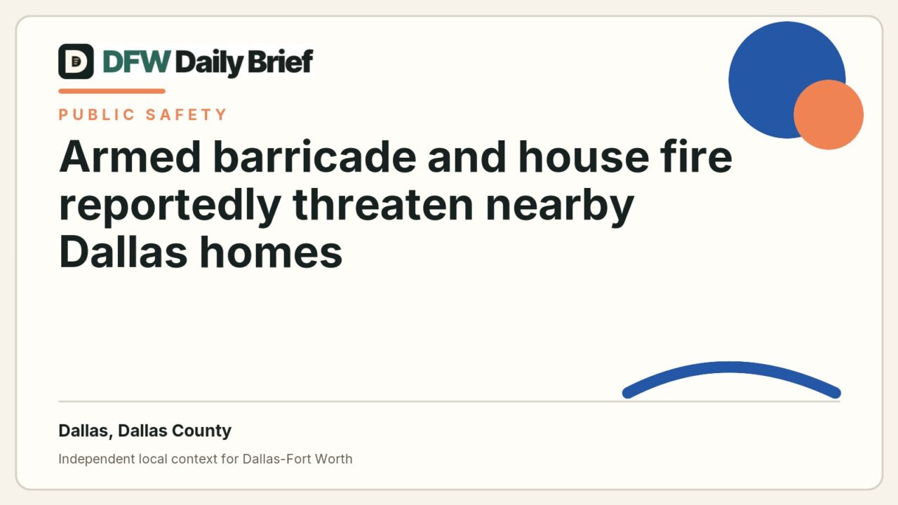 DFW Daily Brief card for Armed barricade and house fire reportedly threaten nearby Dallas homes