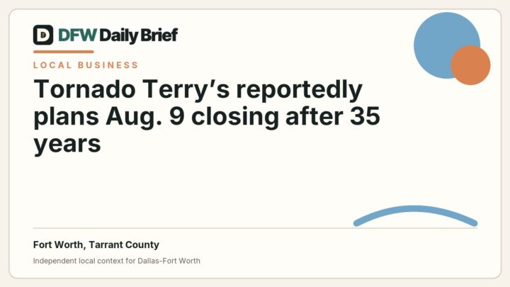 DFW Daily Brief card for Tornado Terry’s reportedly plans Aug. 9 closing after 35 years