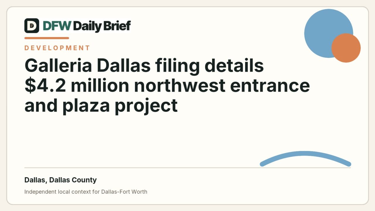 DFW Daily Brief card for Galleria Dallas filing details $4.2 million northwest entrance and plaza project