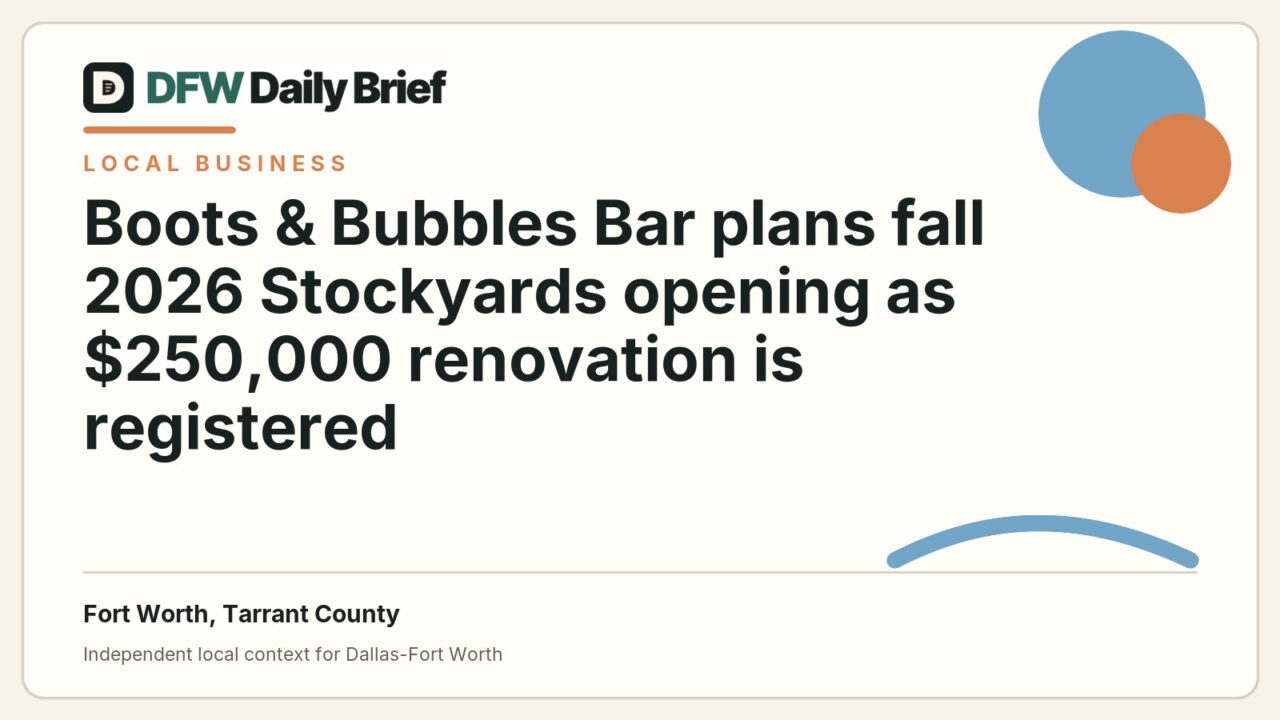 DFW Daily Brief card for Boots & Bubbles Bar plans fall 2026 Stockyards opening as $250,000 renovation is registered