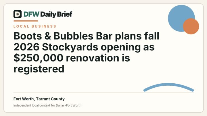 DFW Daily Brief card for Boots & Bubbles Bar plans fall 2026 Stockyards opening as $250,000 renovation is registered