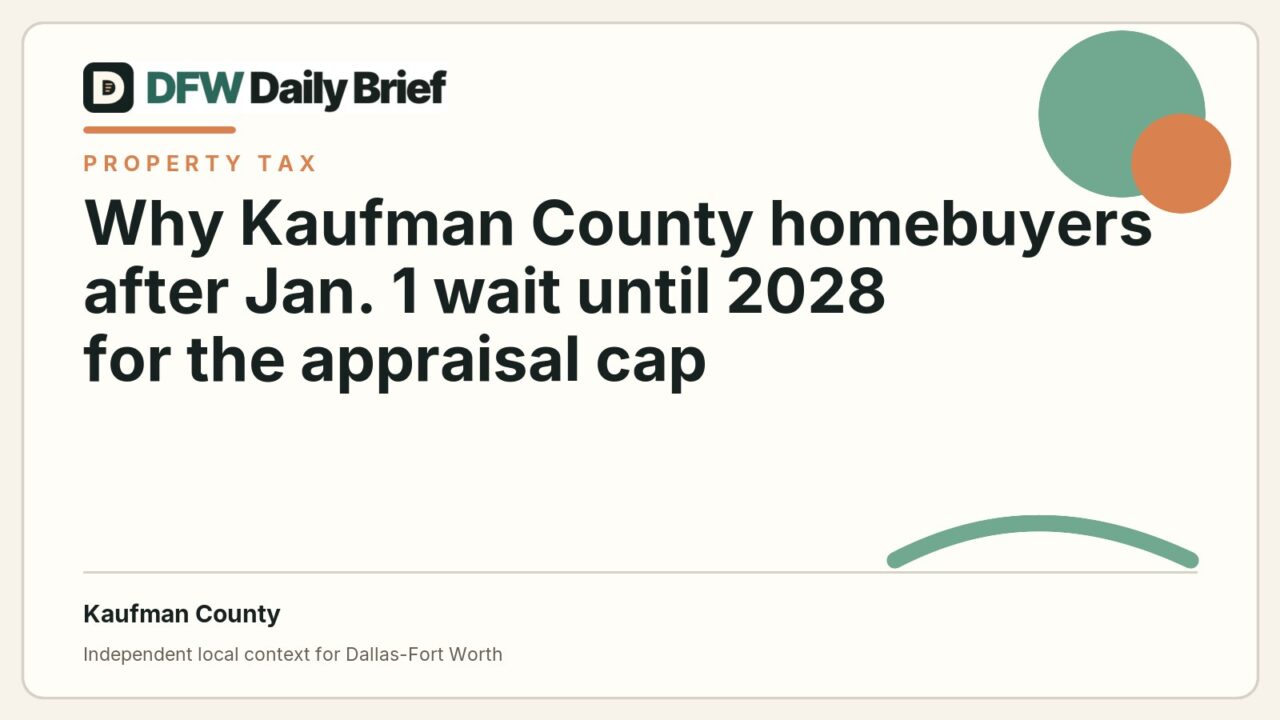 DFW Daily Brief card for Why Kaufman County homebuyers after Jan. 1 wait until 2028 for the appraisal cap