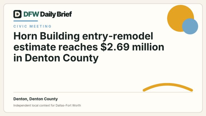 DFW Daily Brief card for Horn Building entry-remodel estimate reaches $2.69 million in Denton County