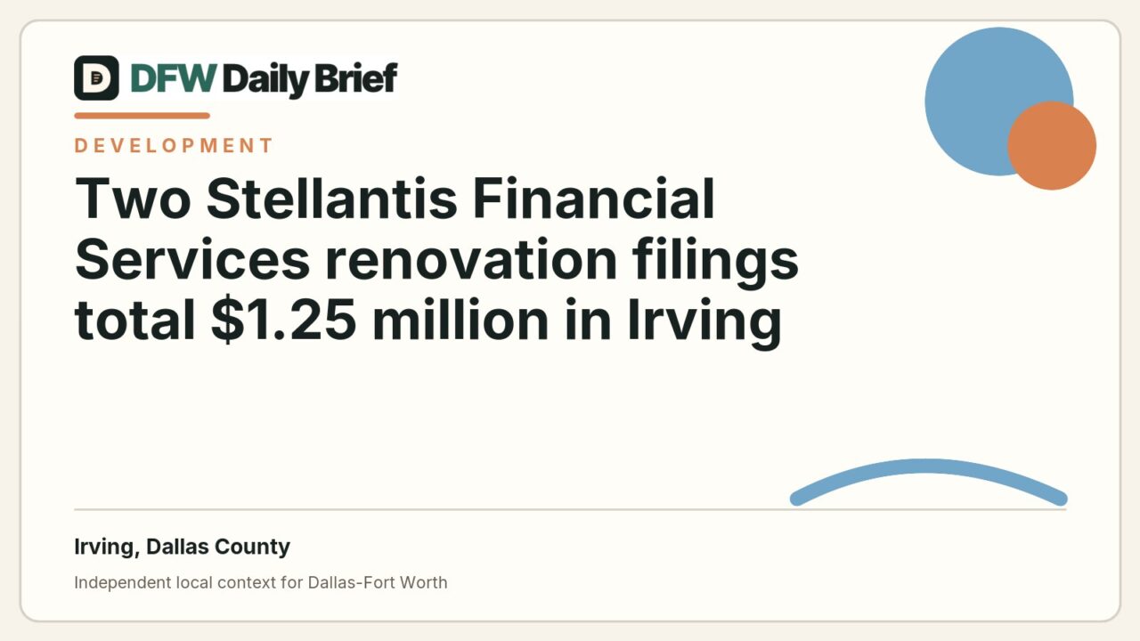 DFW Daily Brief card for Two Stellantis Financial Services renovation filings total $1.25 million in Irving