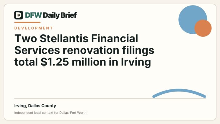 DFW Daily Brief card for Two Stellantis Financial Services renovation filings total $1.25 million in Irving