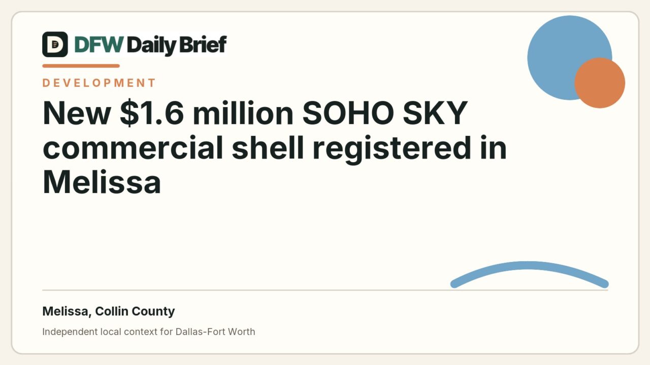 DFW Daily Brief card for New $1.6 million SOHO SKY commercial shell registered in Melissa