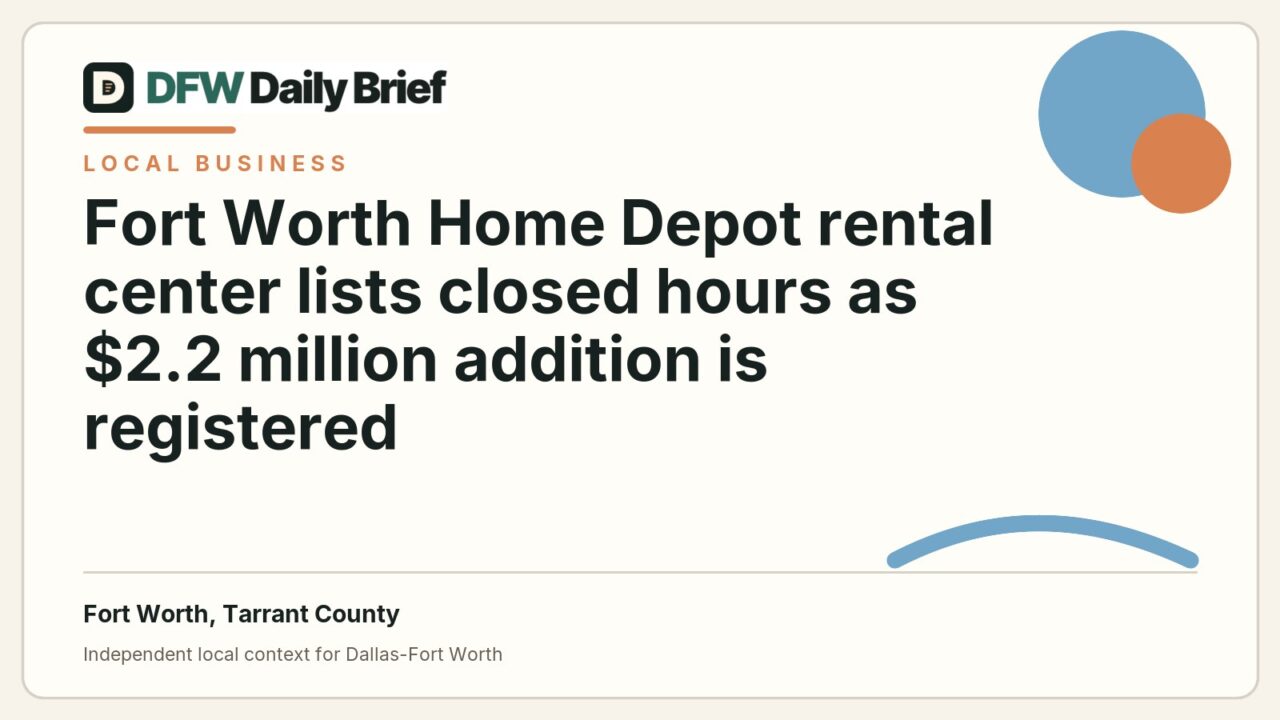 DFW Daily Brief card for Fort Worth Home Depot rental center lists closed hours as $2.2 million addition is registered