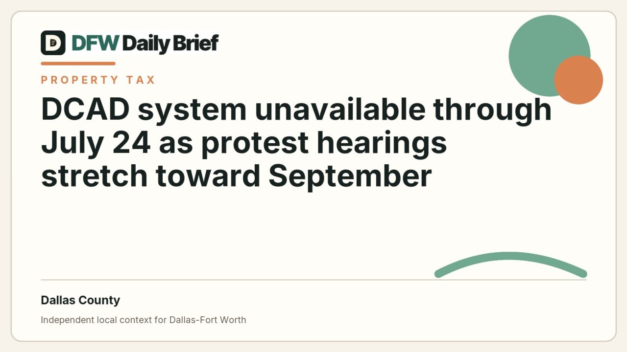 DFW Daily Brief card for DCAD system unavailable through July 24 as protest hearings stretch toward September