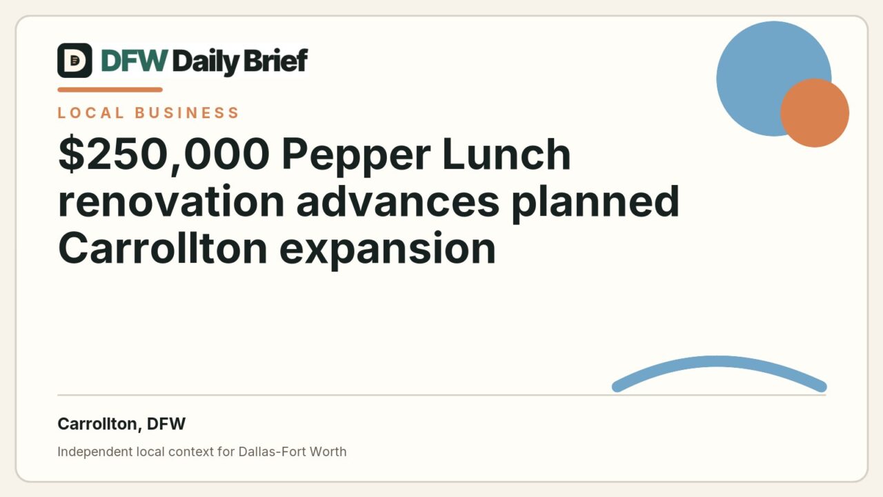 DFW Daily Brief card for $250,000 Pepper Lunch renovation advances planned Carrollton expansion