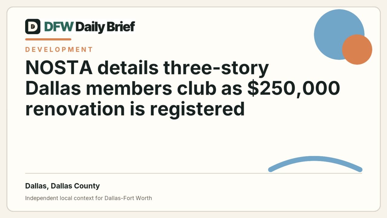 DFW Daily Brief card for NOSTA details three-story Dallas members club as $250,000 renovation is registered