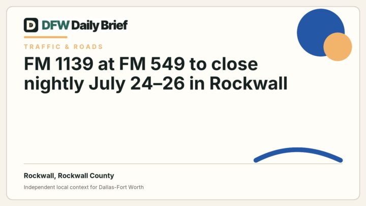 DFW Daily Brief card for FM 1139 at FM 549 to close nightly July 24–26 in Rockwall