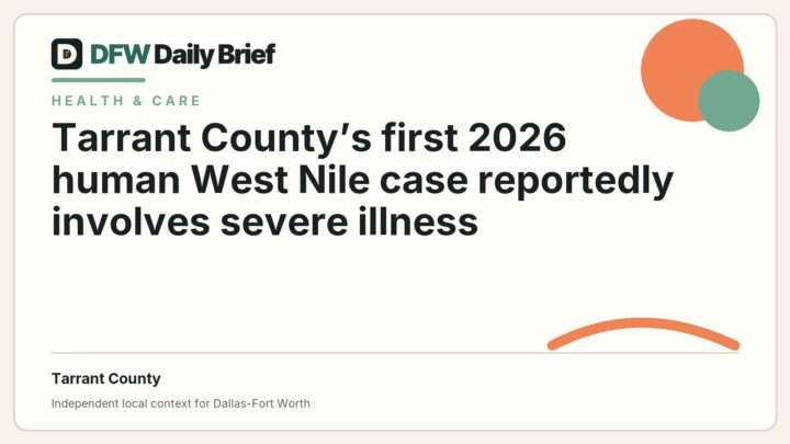 DFW Daily Brief card for Tarrant County’s first 2026 human West Nile case reportedly involves severe illness